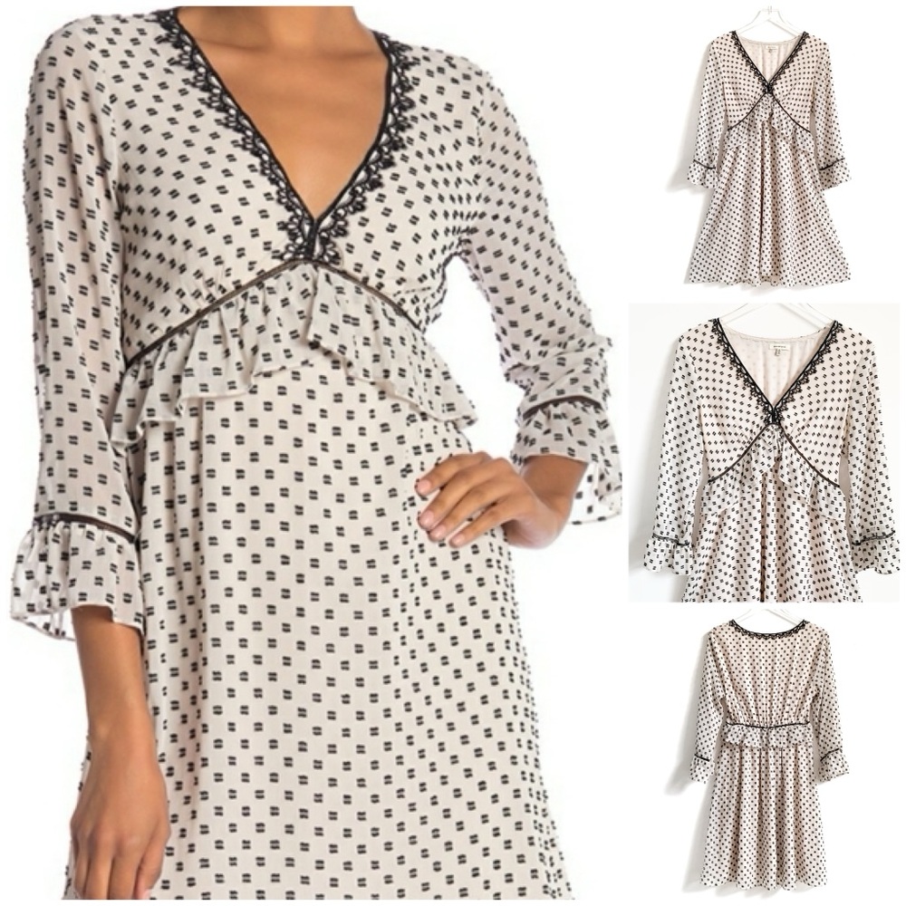 Max Studio Clip Dot Boho Ruffle Dress – Ivory & Black, Sheer Long Sleeve M